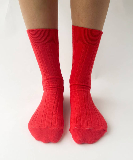 Red Cotton Cable Knit Socks
