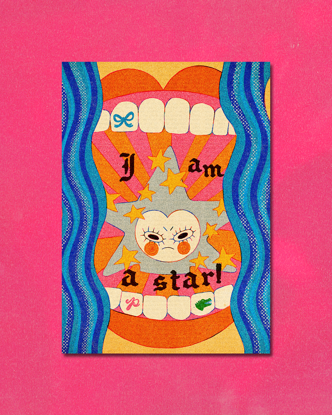 Colorful artwork with text and abstract designs on a pink background