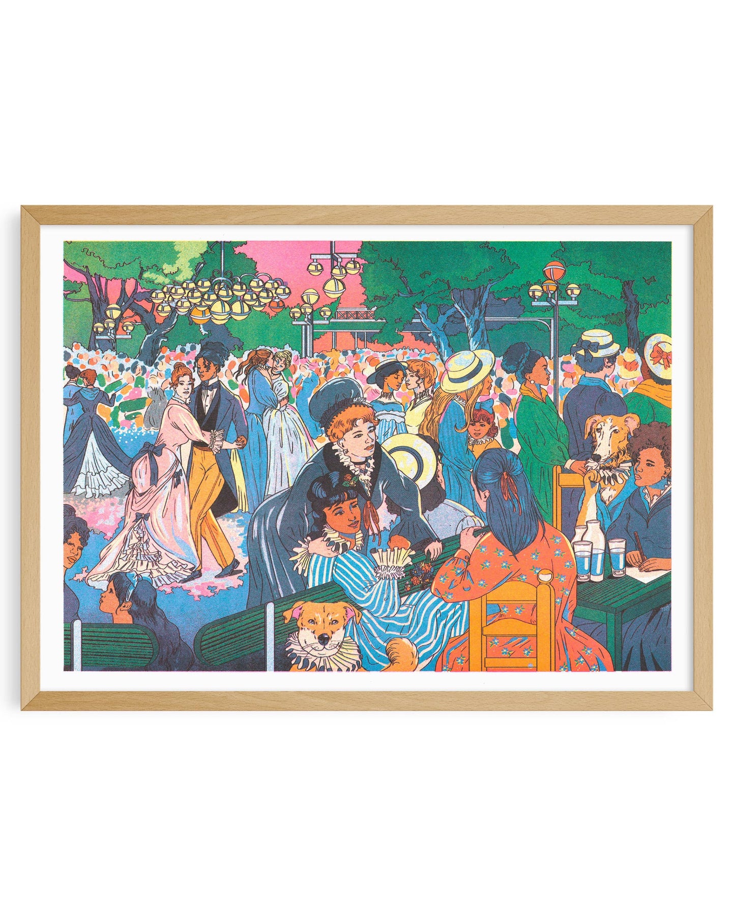 Framed artwork of a lively outdoor scene with people and dogs in a park setting. Bal du moulin de la Galette Art Print