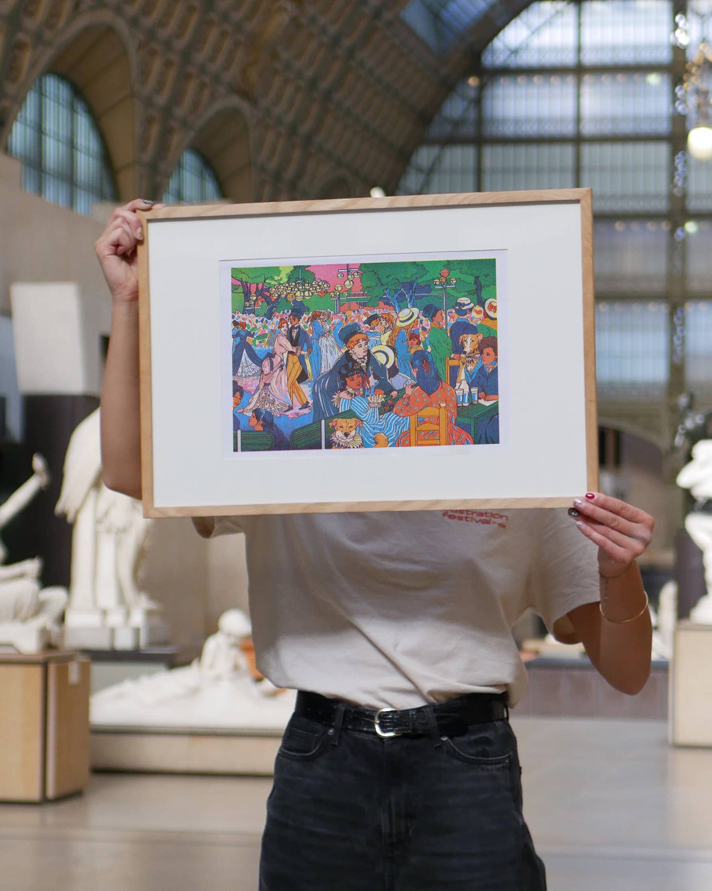Person holding a framed colorful artwork in an indoor setting, Bal du moulin de la Galette Art Print