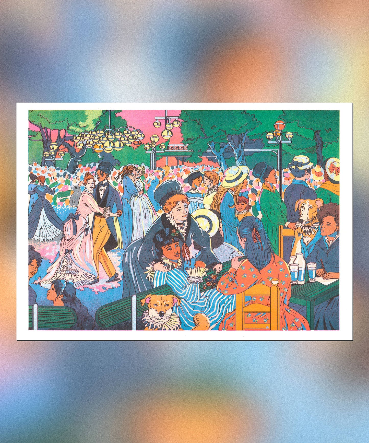 Colorful artwork of a lively outdoor scene with people and dogs. Bal du moulin de la Galette Art Print