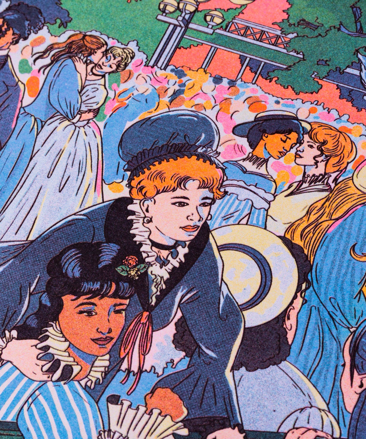 Colorful illustration of a woman in a Victorian-style dress with other women in a crowd. Bal du moulin de la Galette Art Print