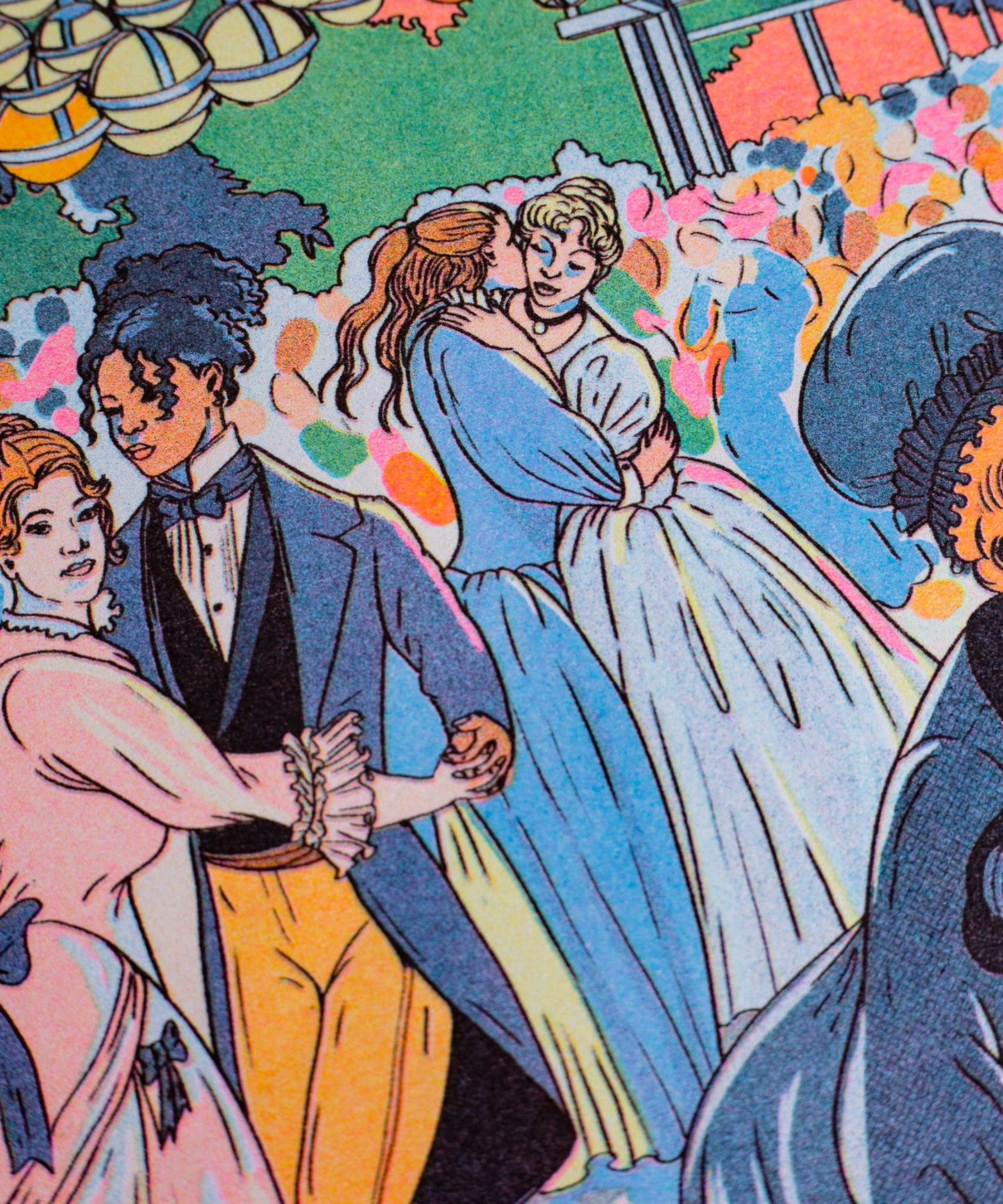 Colorful illustration of people in formal attire with a festive background. Bal du moulin de la Galette Art Print