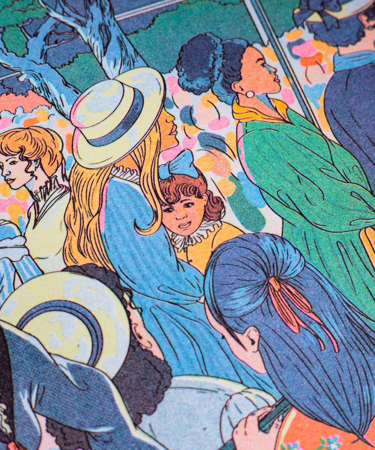 Colorful illustration of people in vintage clothing with a focus on a woman in a blue dress and hat. Bal du moulin de la Galette Art Print