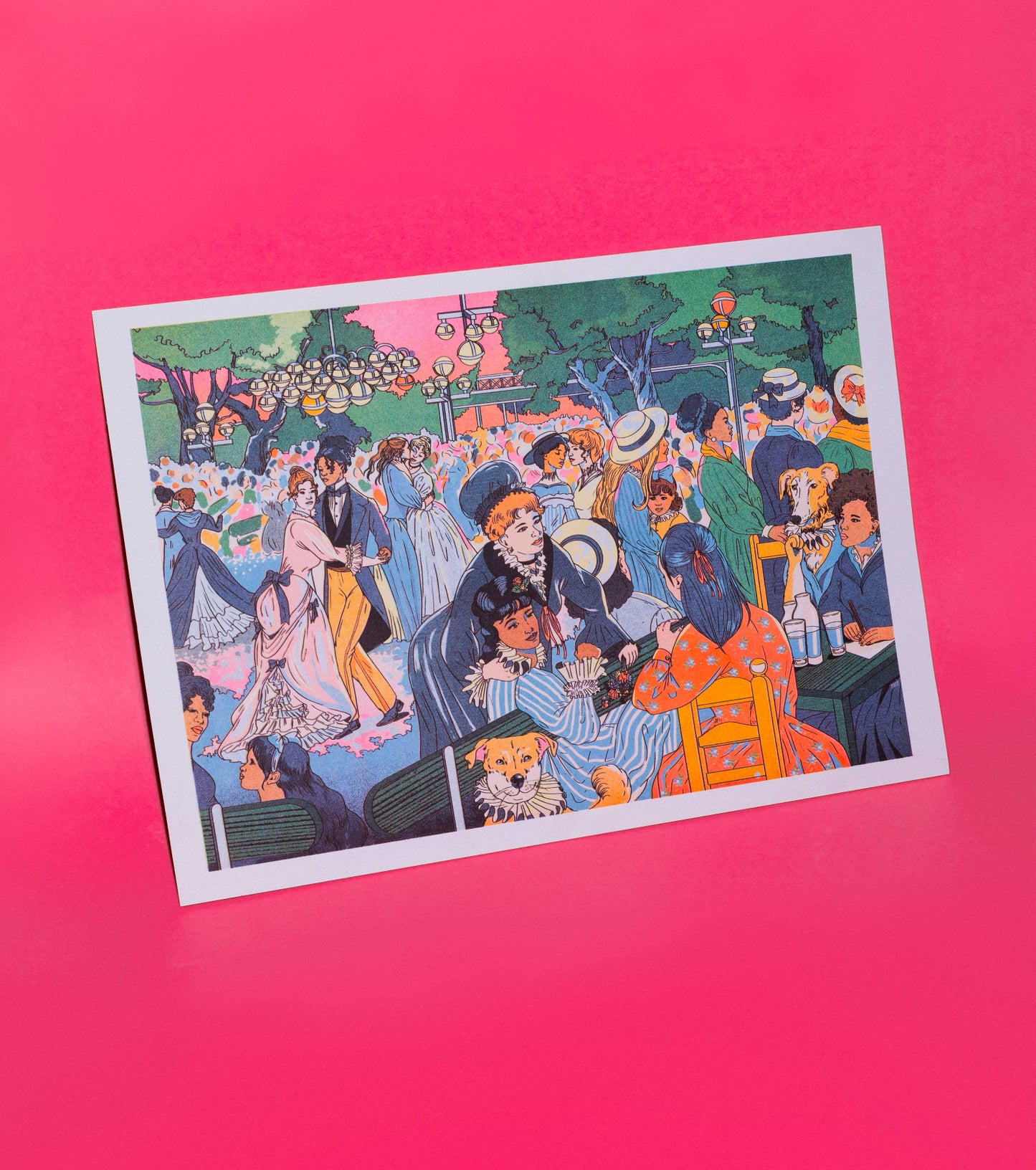 Colorful artwork of a lively scene with people on a pink background, Bal du moulin de la Galette Art Print