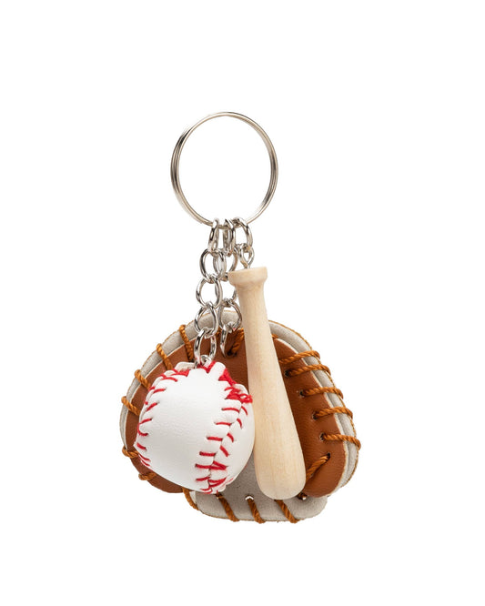 Baseball keychain with a baseball, bat, and glove on a white background, Baseball Mitt and Bat Key Chain Bag Charm