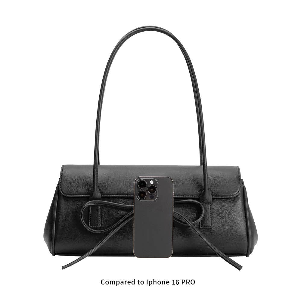 Black handbag with a phone case on a white background, Bowie Shoulder Bag, Melie Bianco