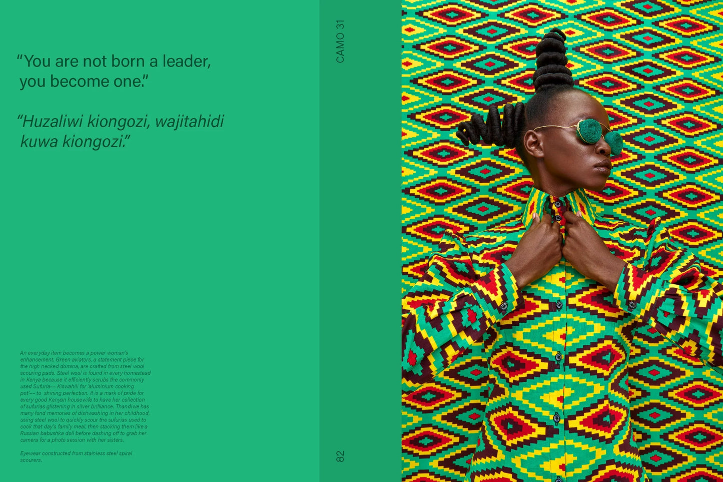 Person wearing a colorful patterned garment with text on a green background