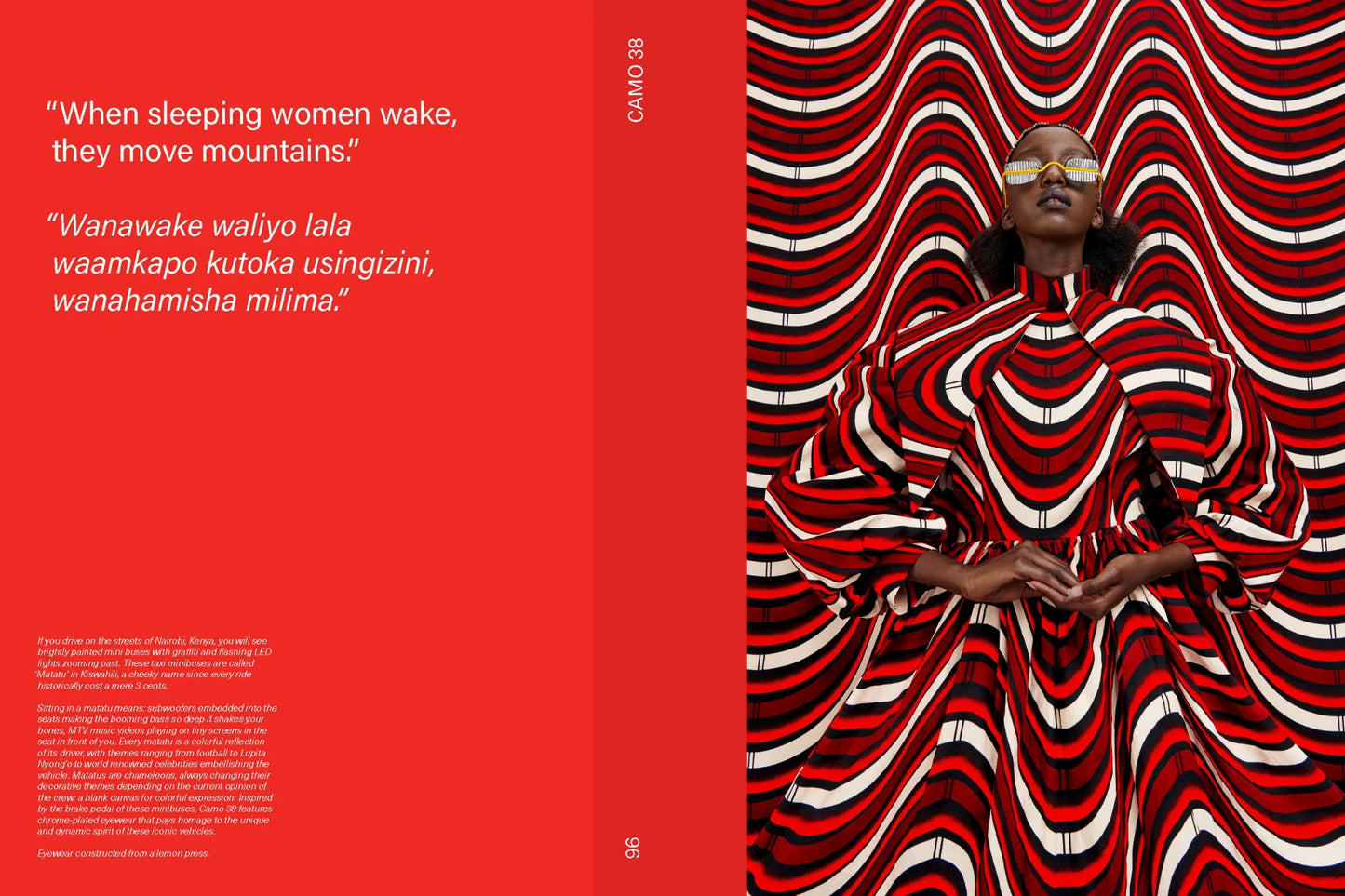 Woman in a red and white patterned dress against a red background with, Camo Photography Art Book text.