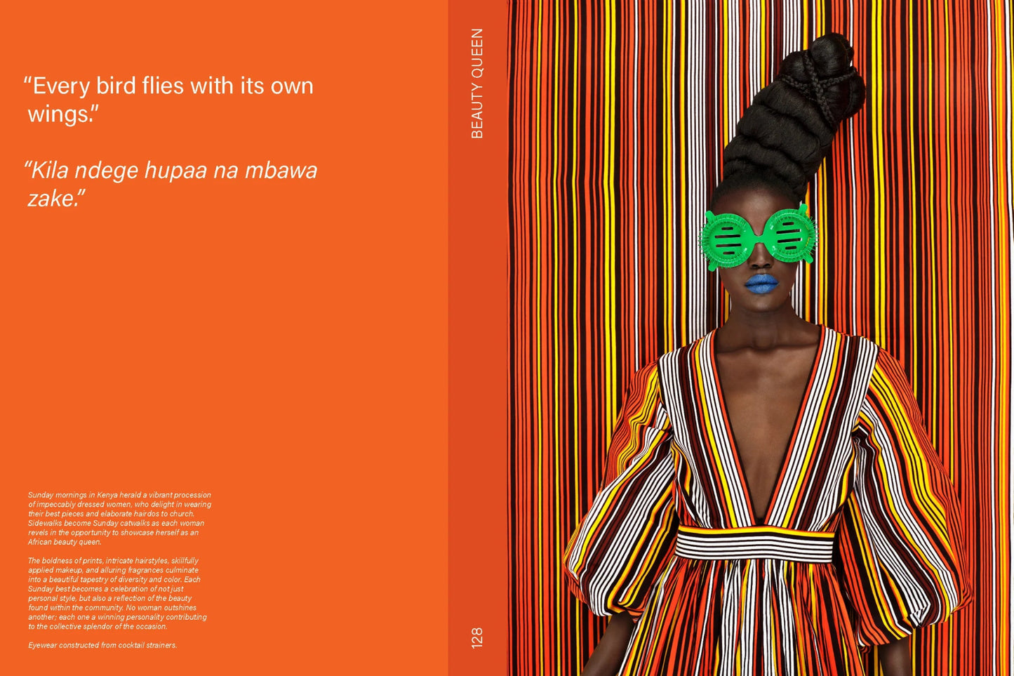 Person wearing a colorful striped dress and green sunglasses against an orange background with text.Camo Photography Art Book