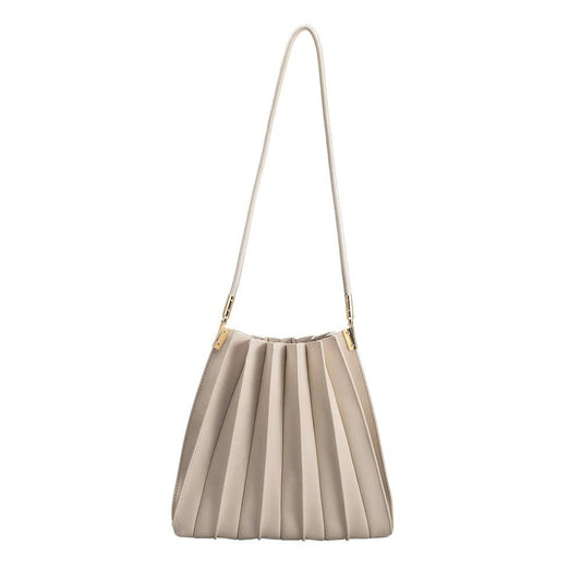 Beige pleated handbag with a strap on a white background, Carrie Pleated Shoulder Bag, Melie Bianco