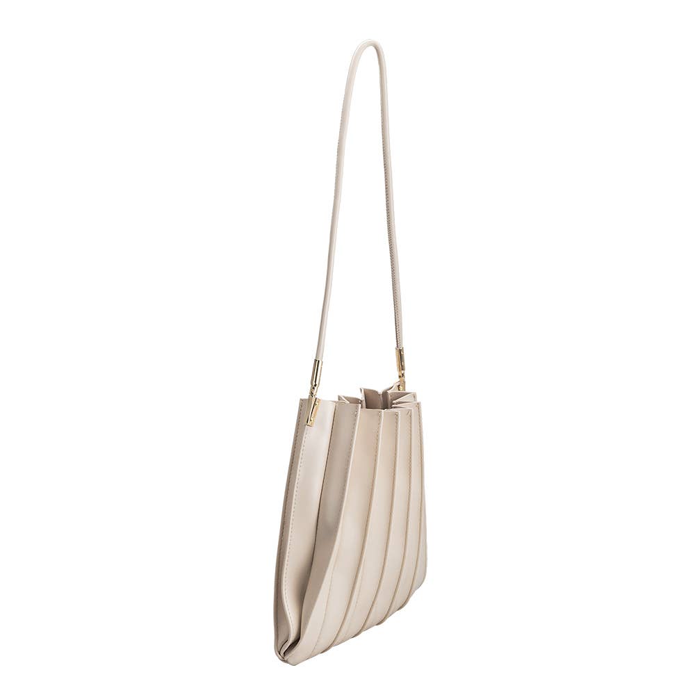 Beige handbag with a long strap on a white background, Carrie Pleated Shoulder Bag, Melie Bianco