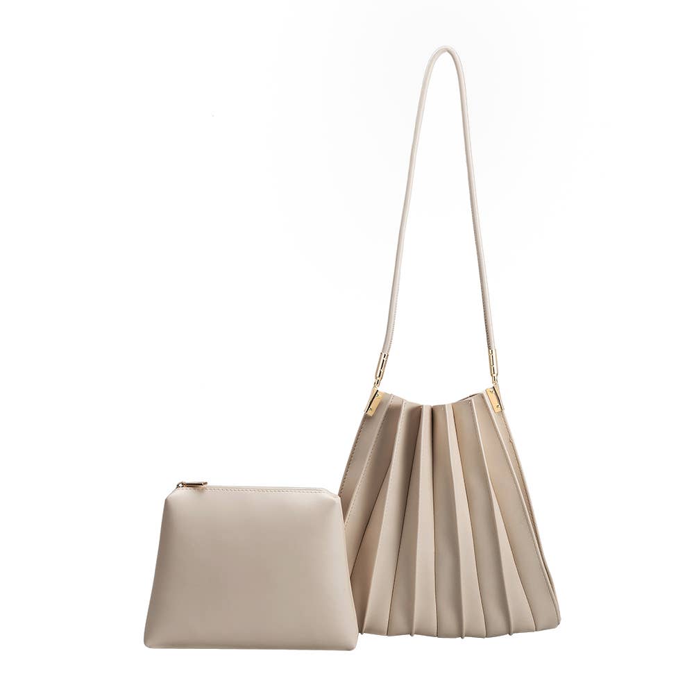 Beige handbag with pleated design on a white background, Carrie Pleated Shoulder Bag, Melie Bianco