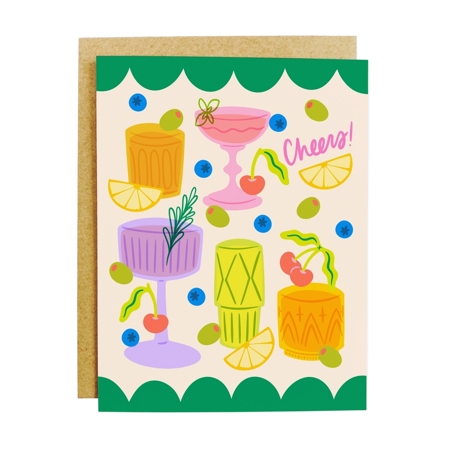 Colorful card with illustrations of cocktails and the word 'Cheers!' on a white background