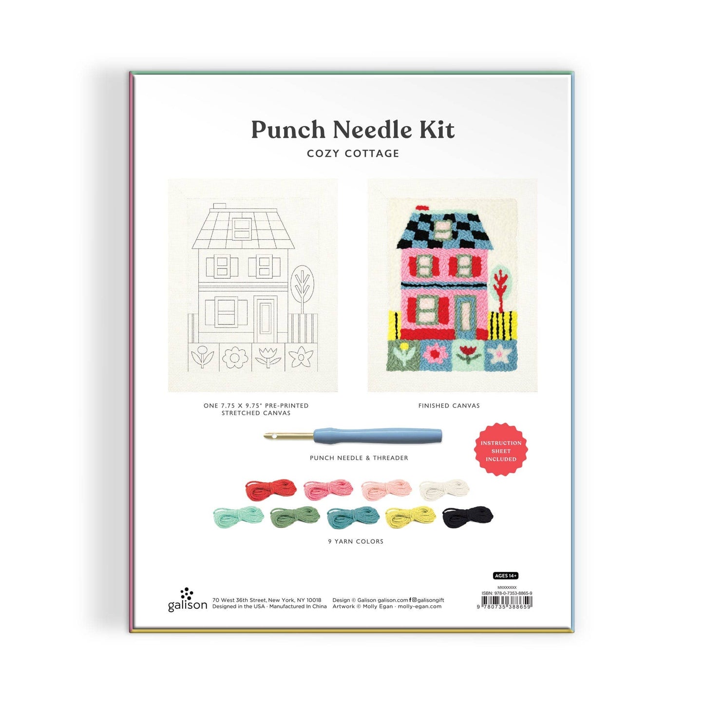 Punch needle kit packaging with house designs and tools on a white background