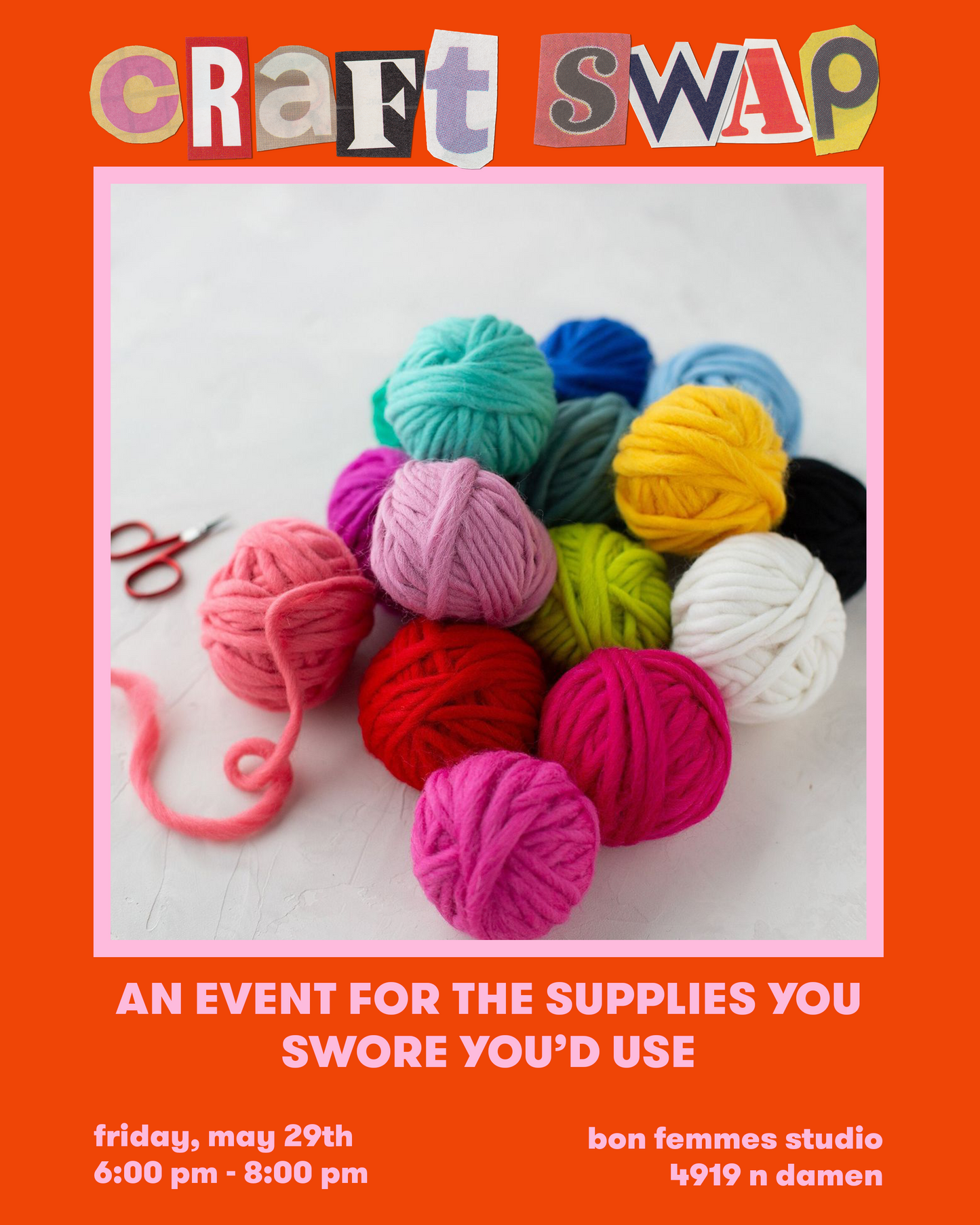 Colorful yarn balls and scissors on a white background with 'Craft Swap' text.