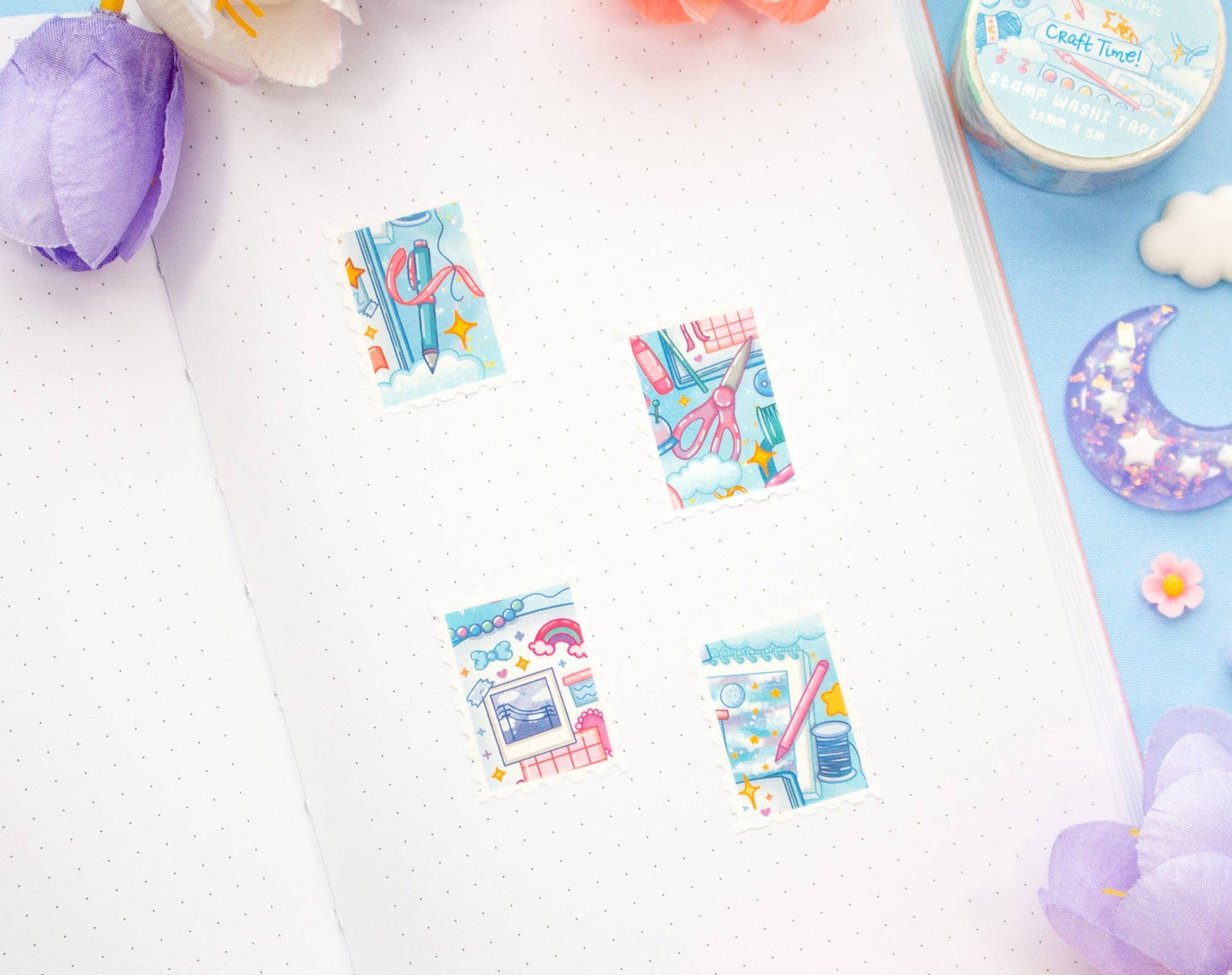 Colorful washi tape on a white surface with decorative elements.