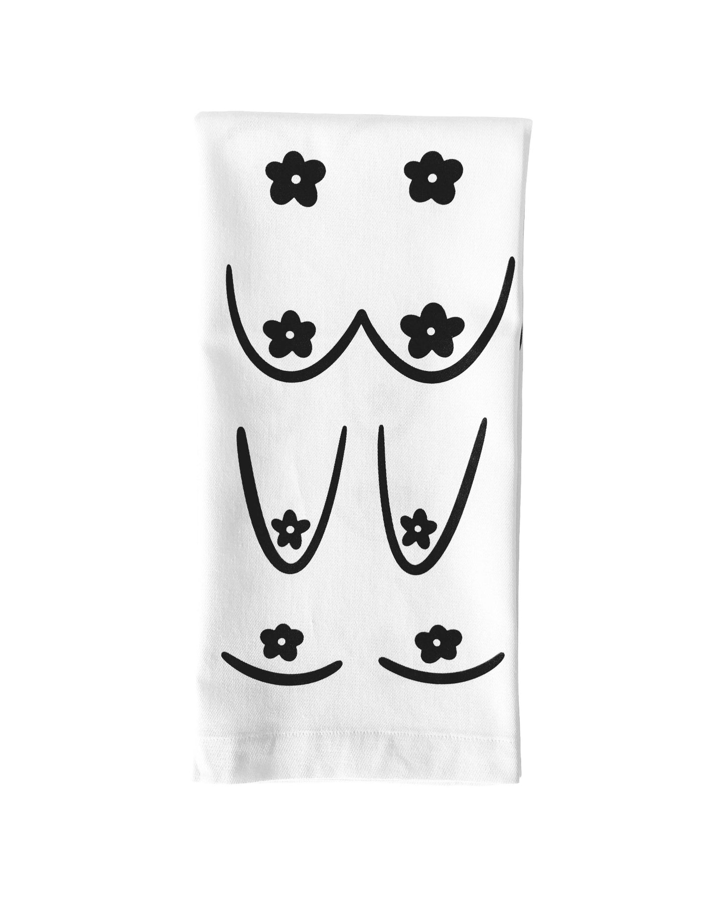 White towel with black floral designs on a white background, Daisy Boob Kitchen Tea Towel
