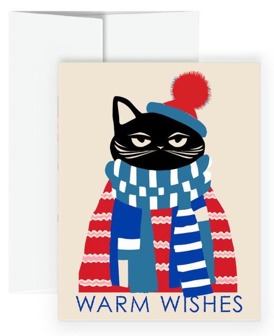 Greeting card with a cat wearing a scarf and hat, text 'Warm Wishes', on a beige background.