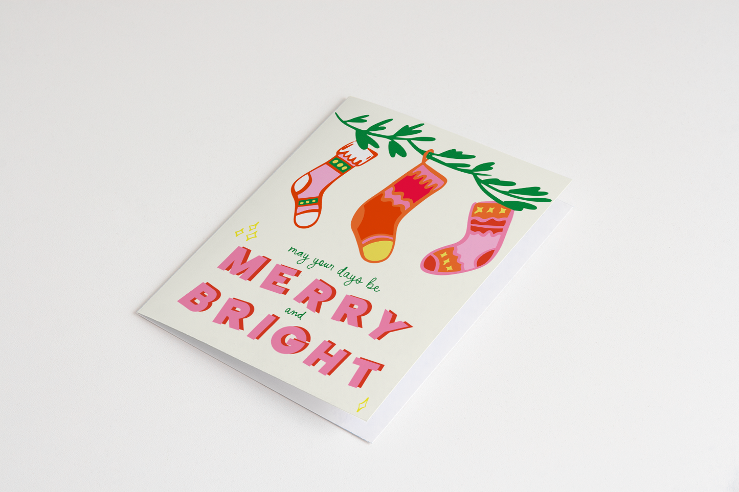 Christmas card with stockings and 'Merry and Bright' text on a white background, Days be Merry & Bright Holiday Greeting Card
