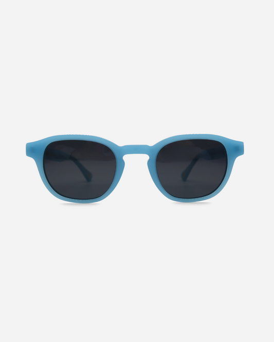 Blue sunglasses with dark lenses on a white background