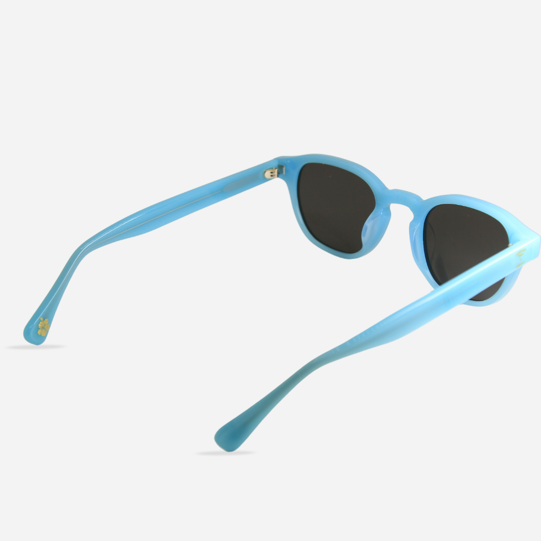 Blue sunglasses with black lenses on a white background