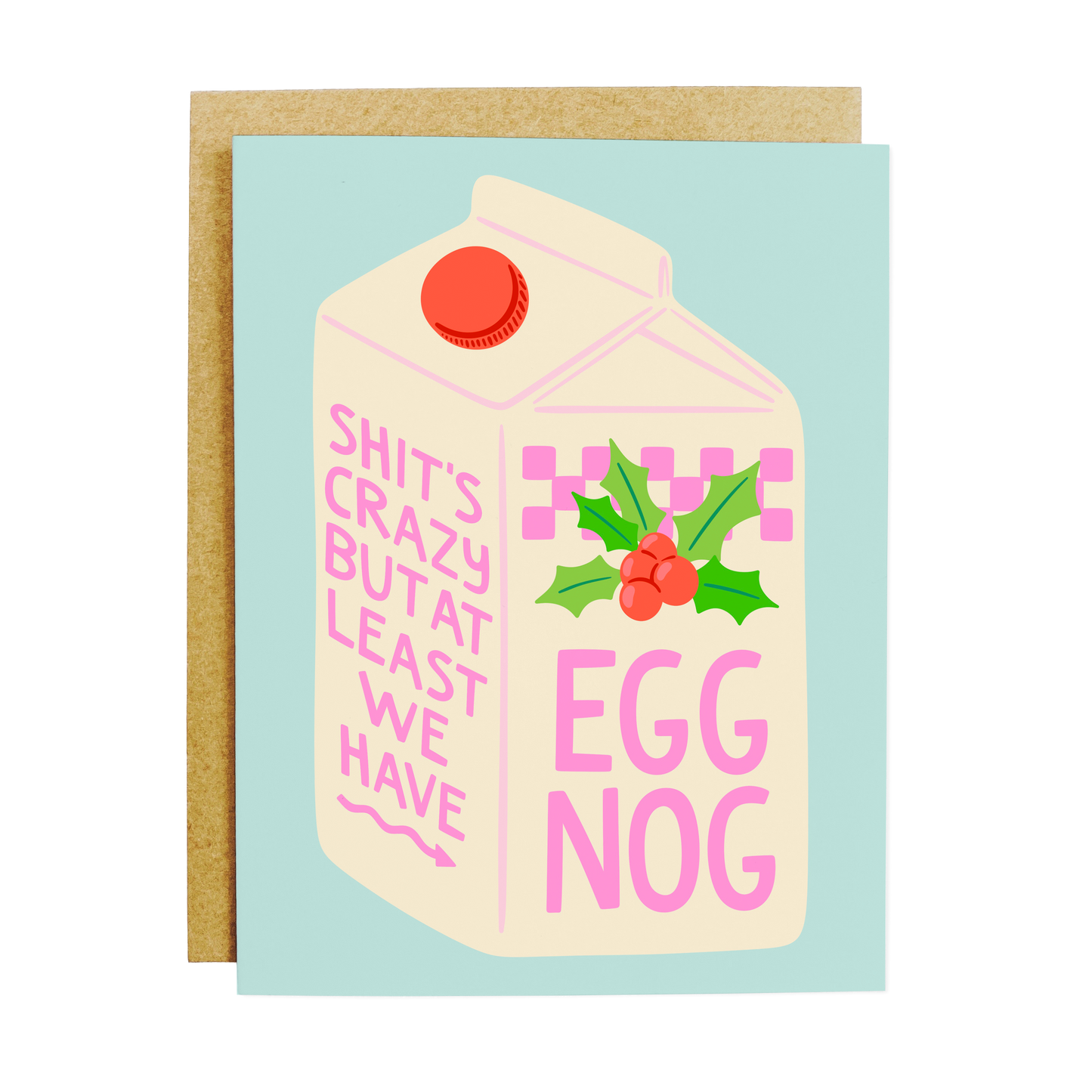 Card with a carton design of eggnog and text on a light blue background