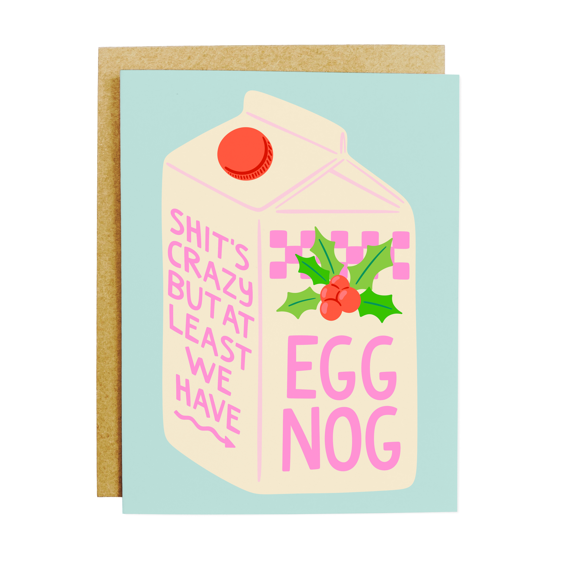 Card with a carton design of eggnog and text on a light blue background