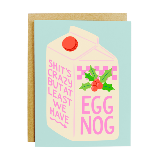 Card with a carton design of eggnog and text on a light blue background