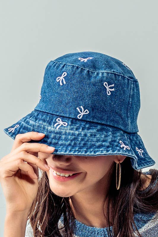 Embroidered Mini Bow Denim Bucket Hat