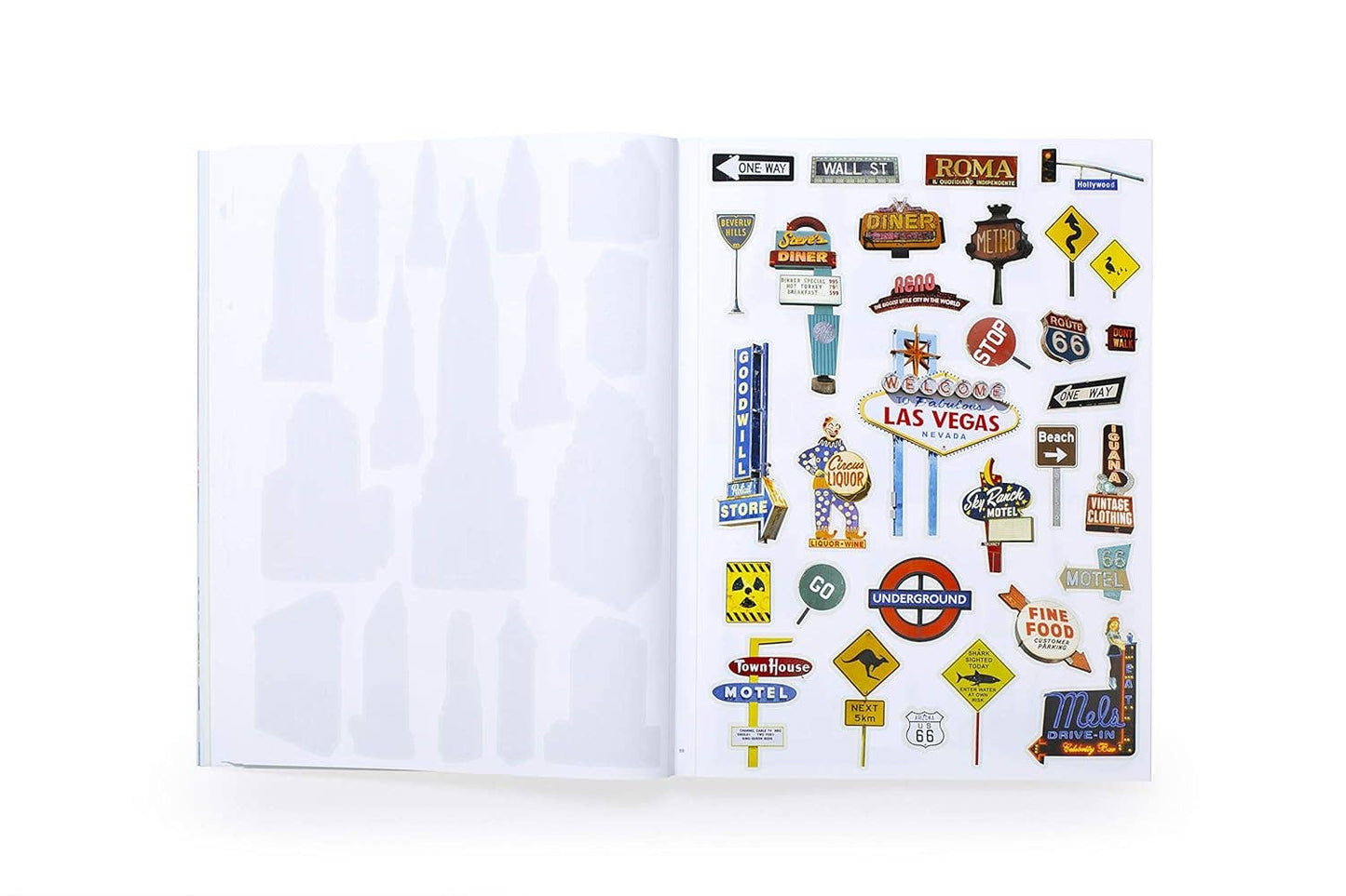 Sticker album with various travel-themed stickers on a white background
