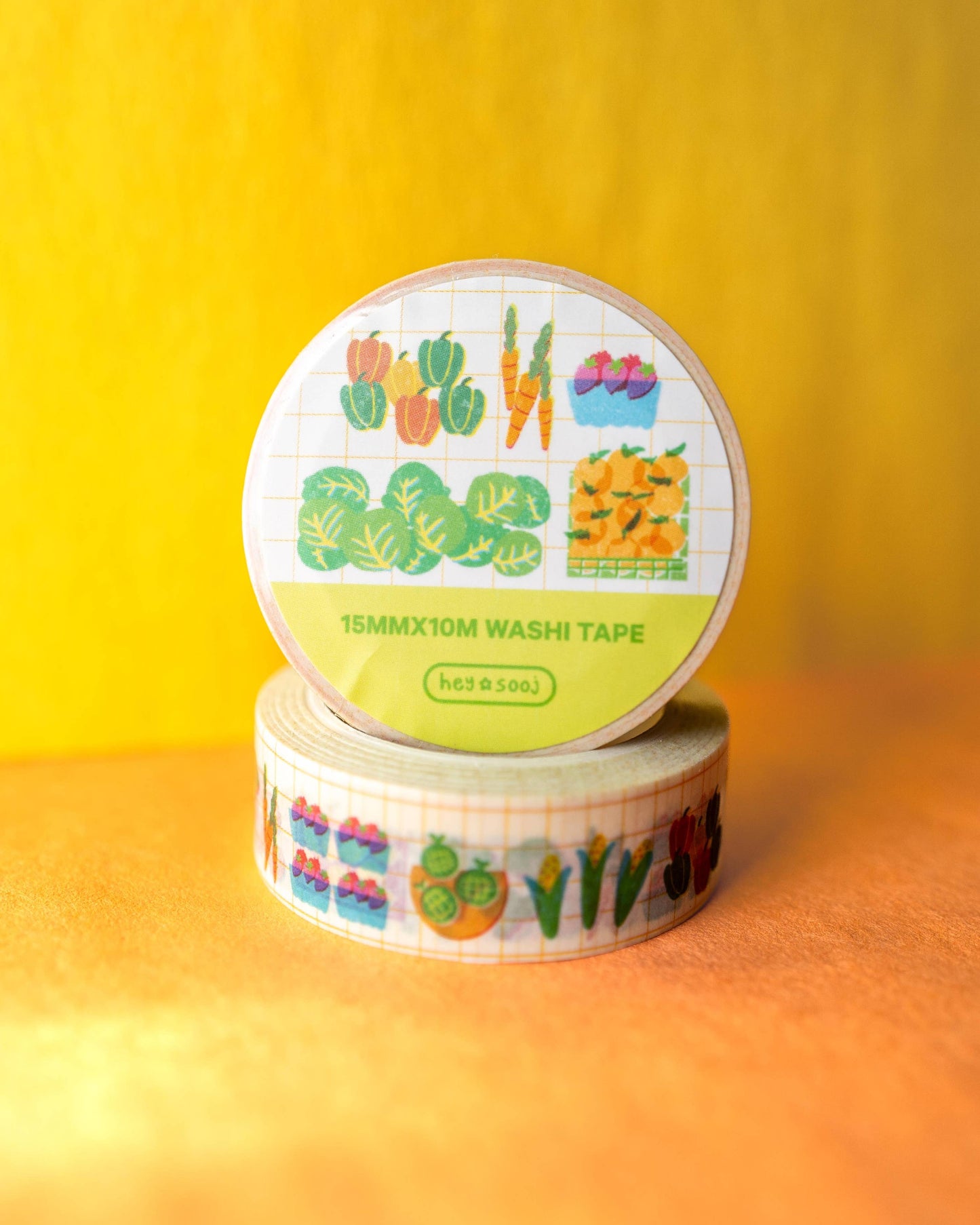 Washi tape with colorful designs on a yellow background, Farmers Market Washi Tape