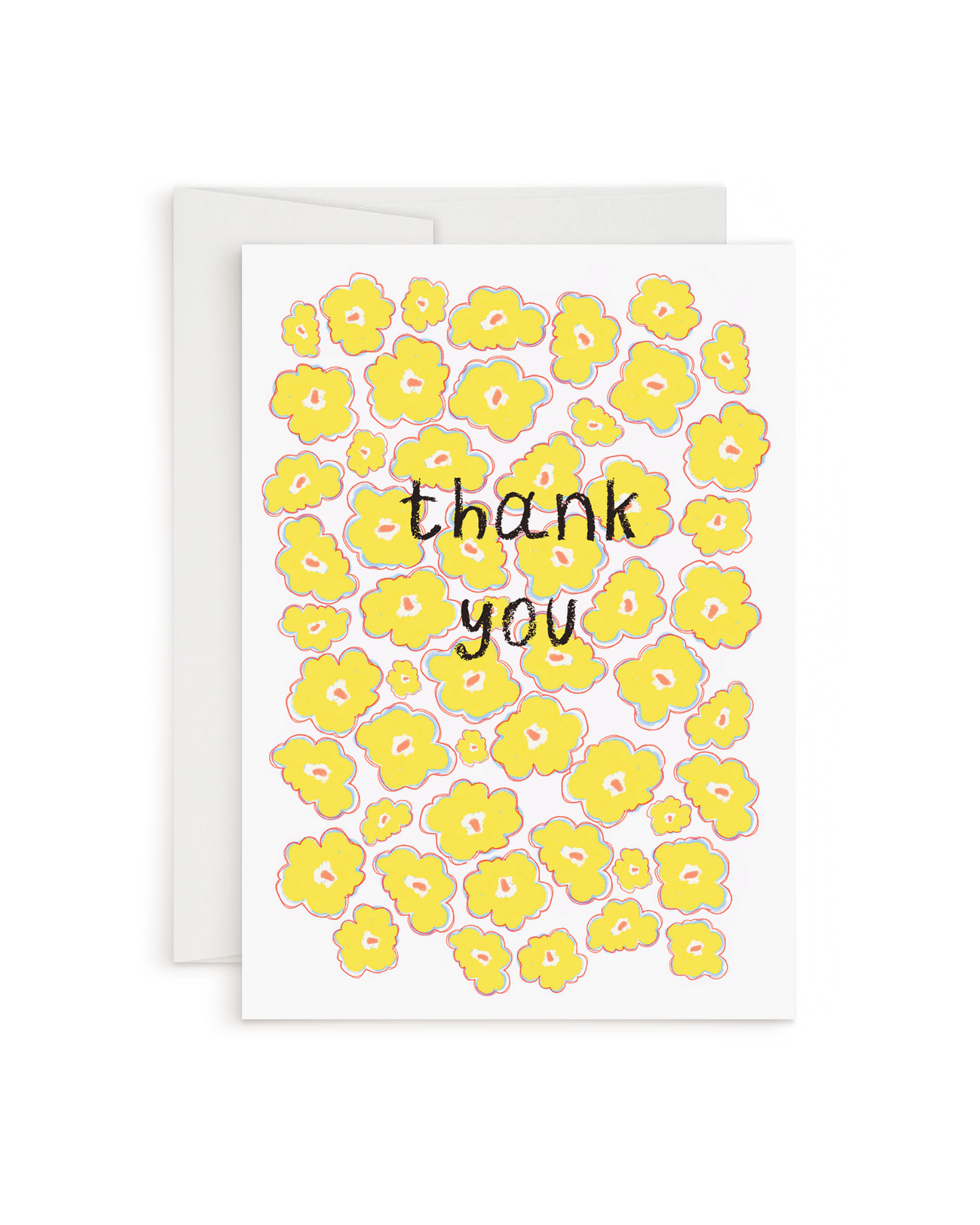 Greeting card with yellow floral pattern and 'thank you' text on a white background