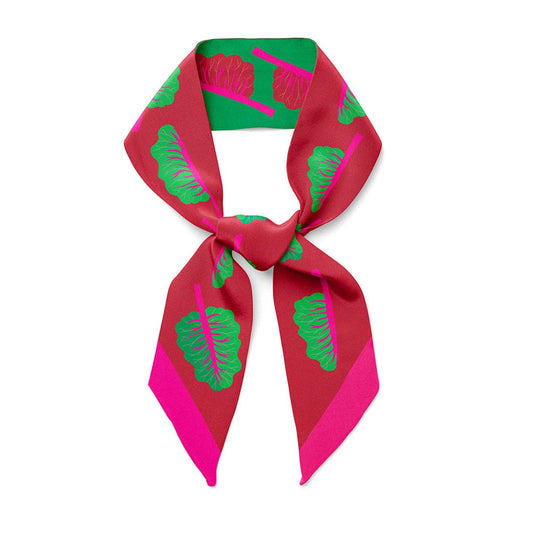 Red scarf with green and pink leaf patterns on a white background, Glowing Chard Ribbon Silk Scarf