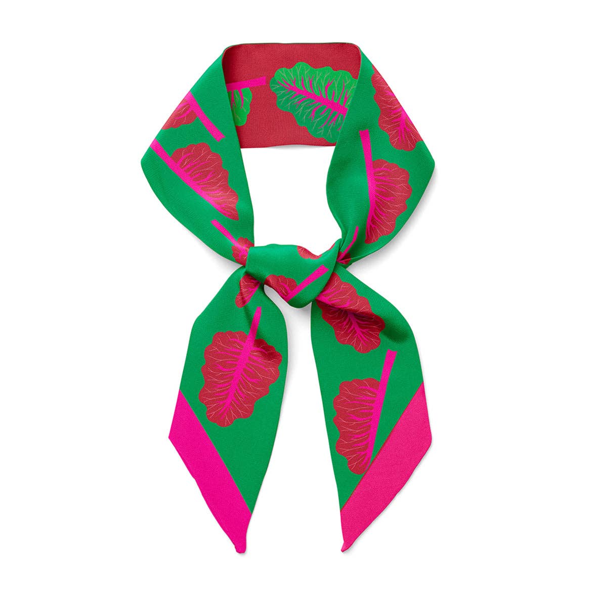 Green and pink patterned scarf on a white background