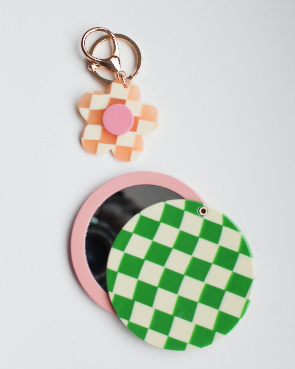 Green Checkered Swivel Pocket Mirror Bon Femmes, pink mirror, hand mirror