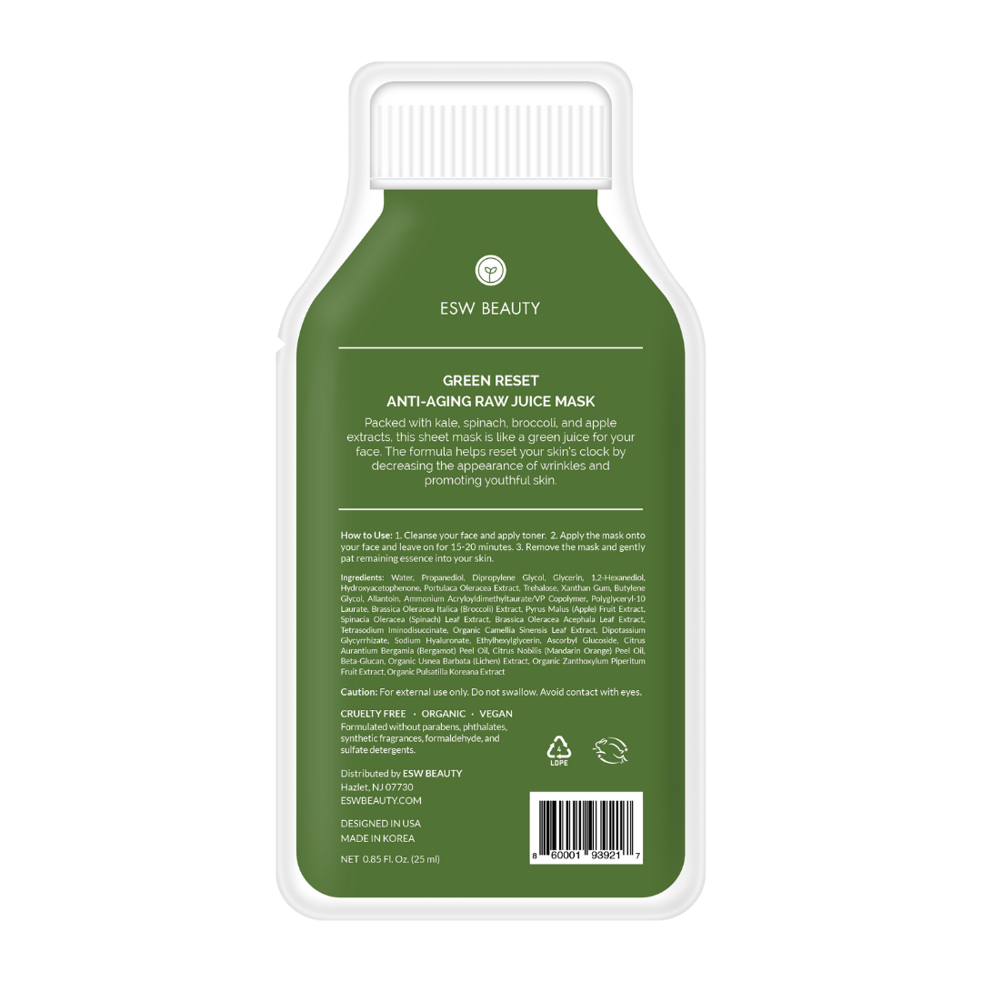 Green anti-aging raw juice mask packaging with ESW Beauty branding on a white background