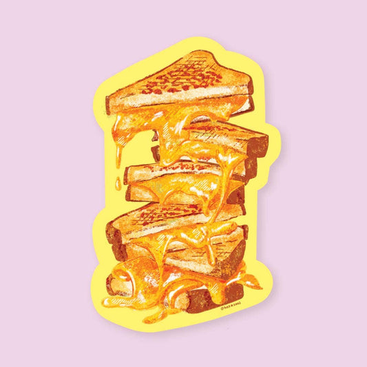 Sticker of a stack of grilled cheese sandwiches with melting cheese on a light purple background