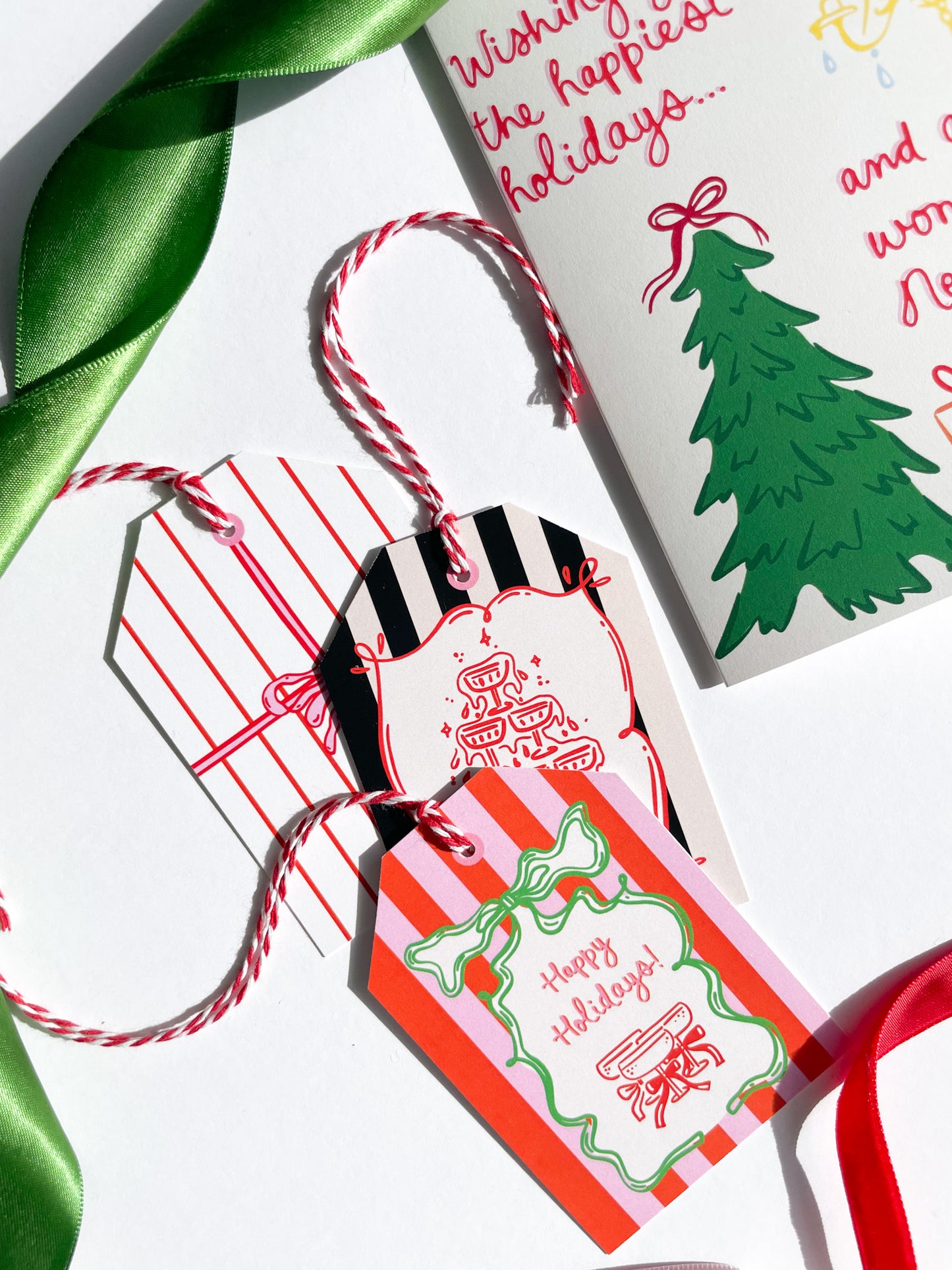 Christmas gift tag with red and white striped design and festive text on a white background. Happy Holidays Gift Tag Set of 6