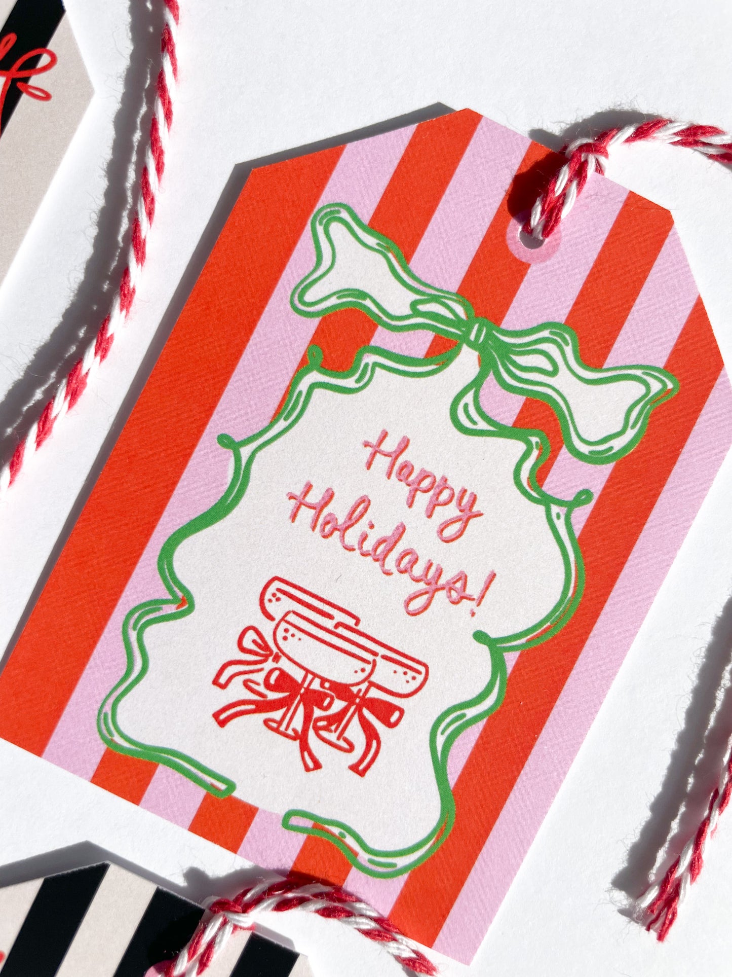 Red and white striped gift tag with 'Happy Holidays!' text and cocktail design. Happy Holidays Gift Tag Set of 6