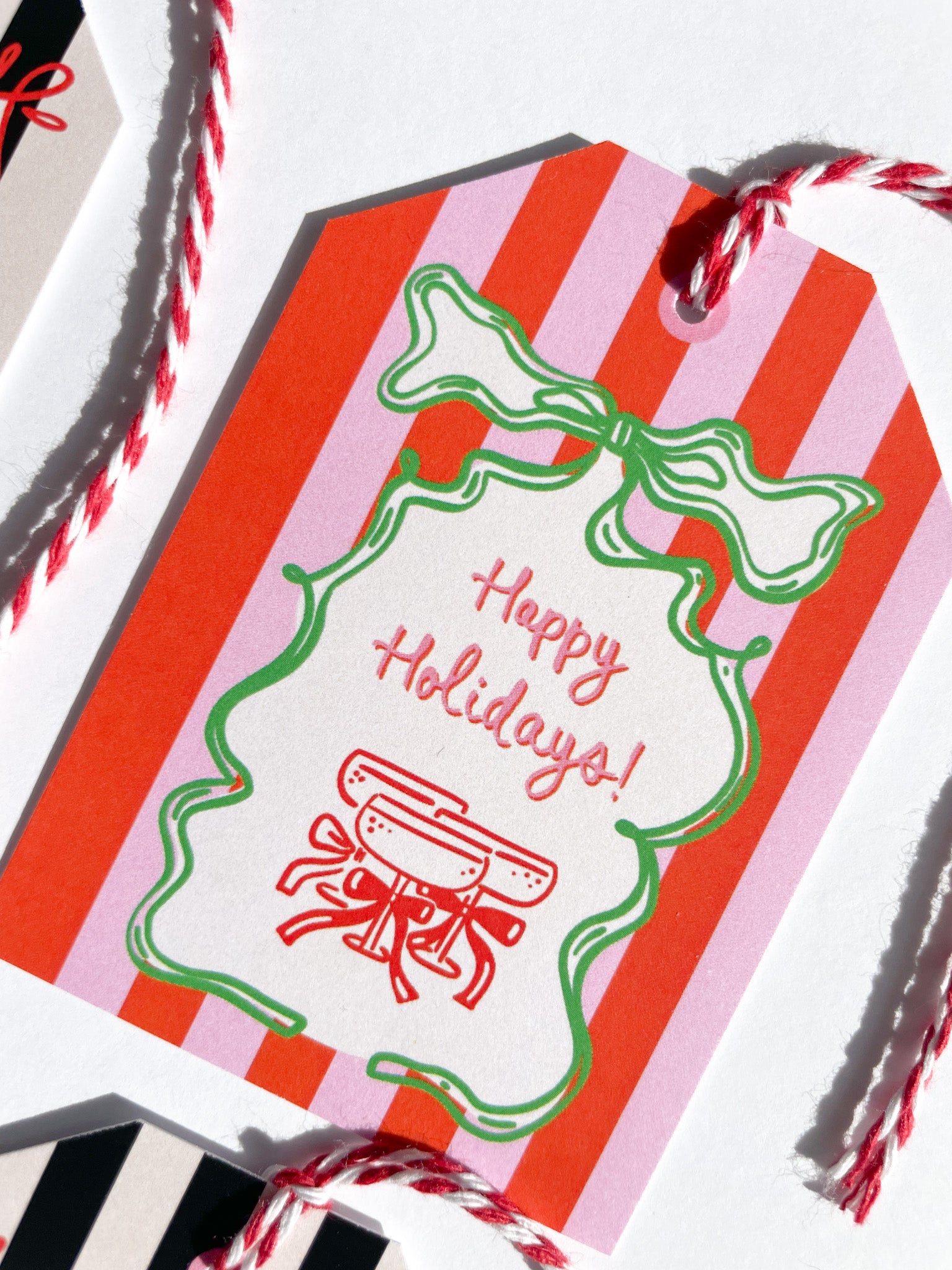 Red and white striped gift tag with 'Happy Holidays!' text and cocktail design. Happy Holidays Gift Tag Set of 6