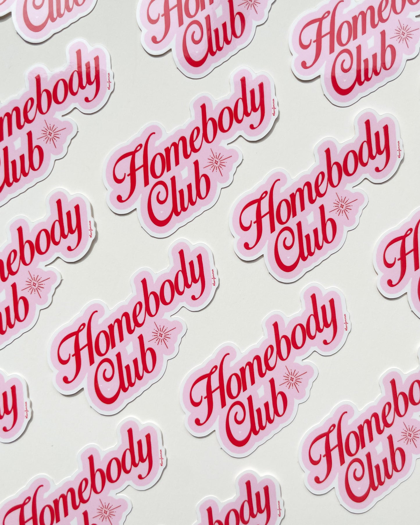 Pattern of 'Homebody Club' stickers on a light background, Homebody Club Sticker Bon Femmes