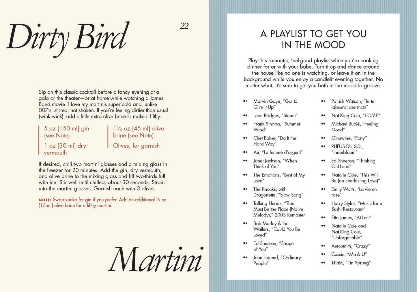 Page from a cocktail book with a recipe for Dirty Bird Martini and a playlist on a light blue background.