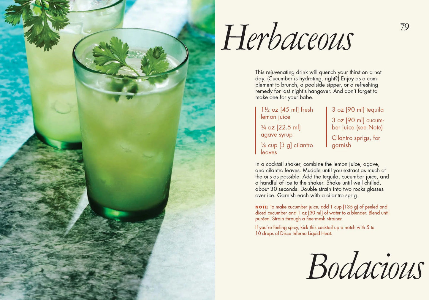 Two glasses of green drinks with herbs on a marble surface, accompanied by a cocktail recipe titled 'Herbaceous' from a magazine.