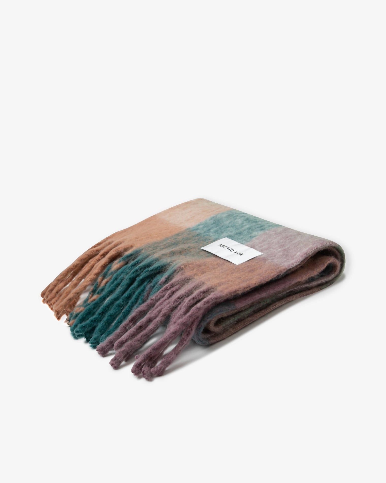 Multicolored scarf with a brand label on a white background, Lilac Check Recycled Bottle Reykjavik Scarf