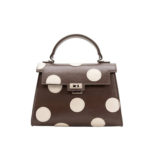 Maisel Chocolate Polka Dot Top Handle Bag, Melie Bianco, Brown handbag with white polka dots on a white background