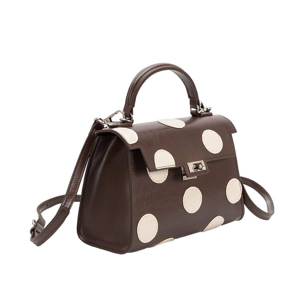 Brown handbag with white polka dots on a white background, Maisel Chocolate Polka Dot Top Handle Bag, Melie Bianco