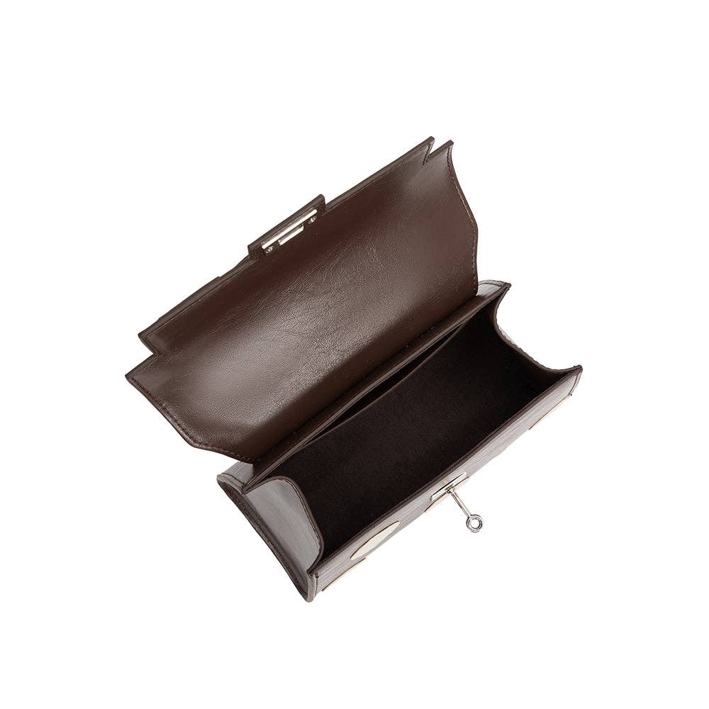 Brown leather clutch bag on a white background, Maisel Chocolate Polka Dot Top Handle Bag, Melie Bianco