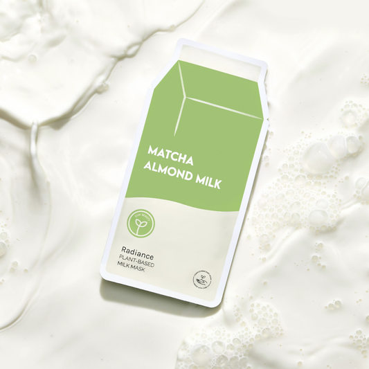 Matcha almond milk packaging on a white background. Matcha Almond Milk Radiance Sheet Mask