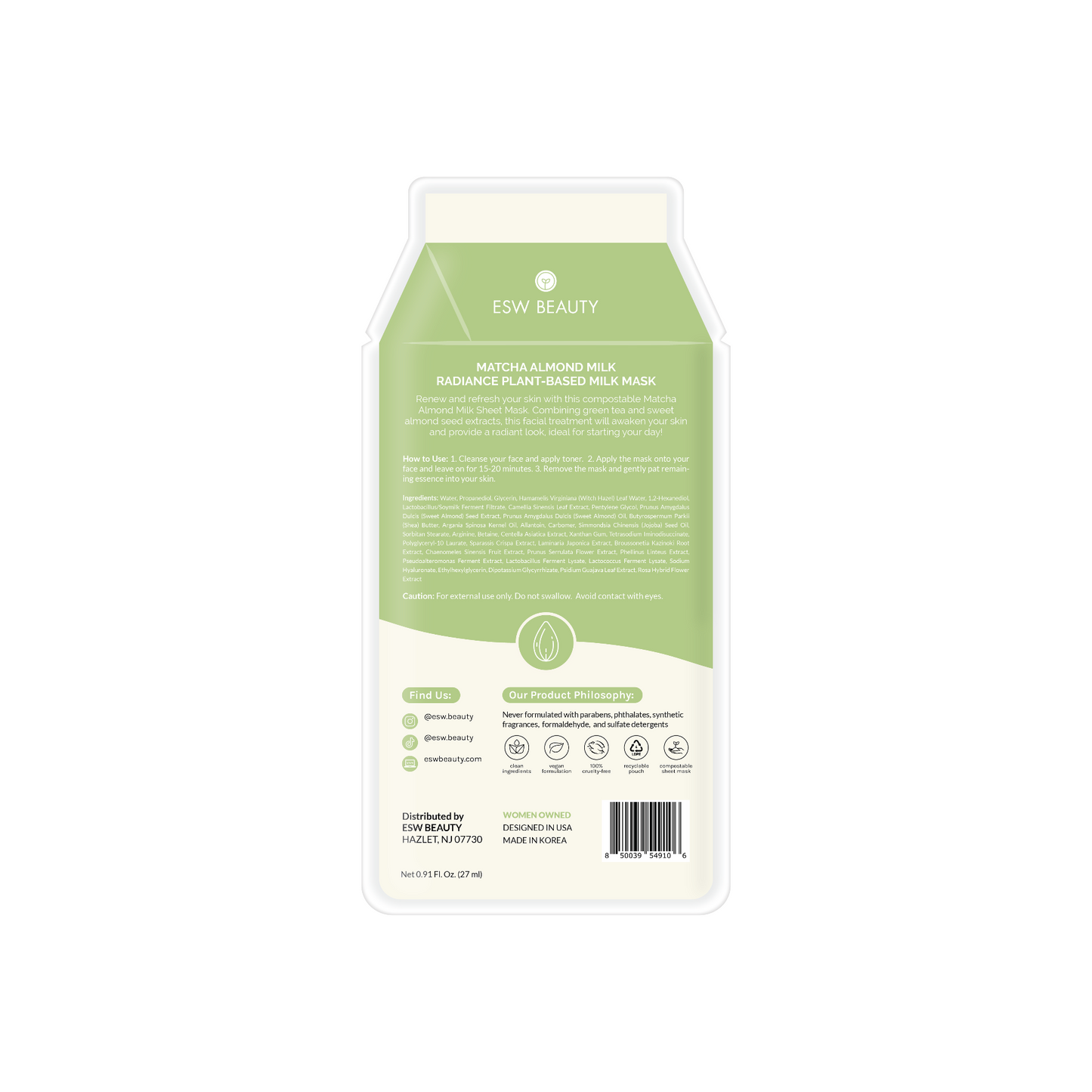 ESW Beauty mask packaging with green and white design on a white background, Matcha Almond Milk Radiance Sheet Mask